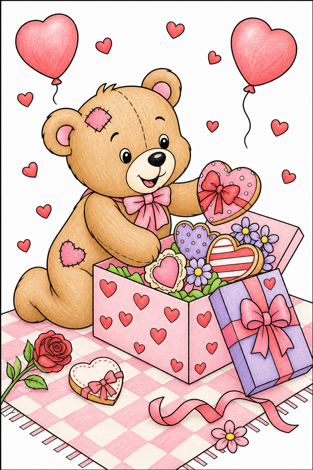 Teddy Bear Arranging Valentine Treats and Gifts colored-pencil colorized preview
