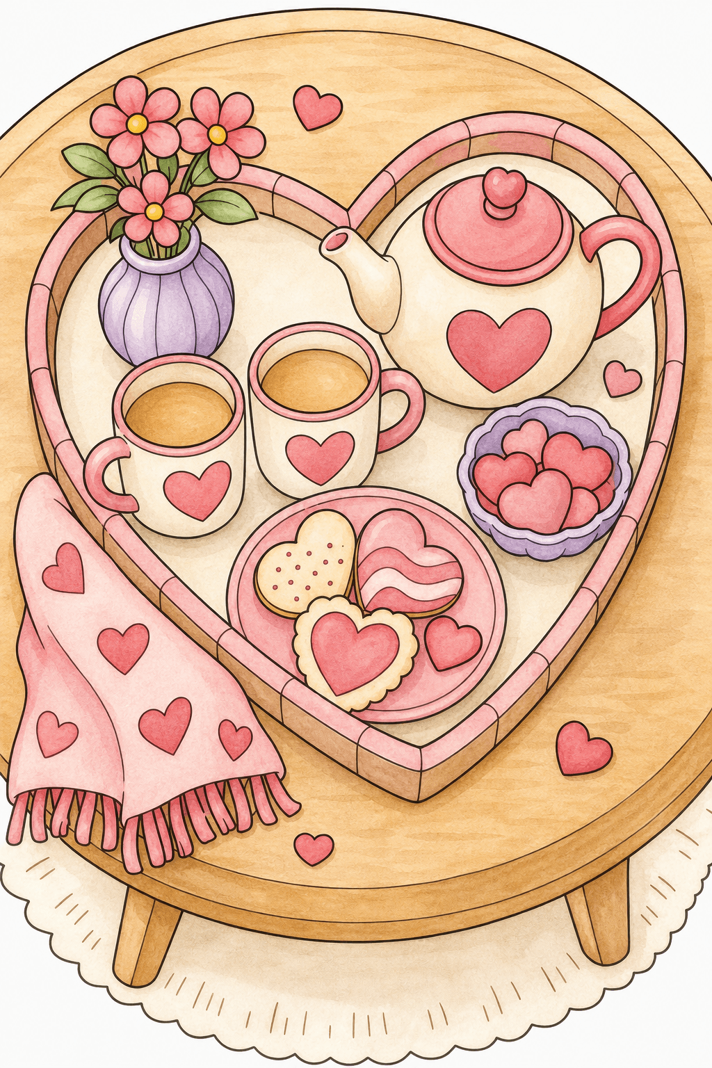 Valentine Tea and Treats on a Heart-Shaped Tray watercolor colorized preview