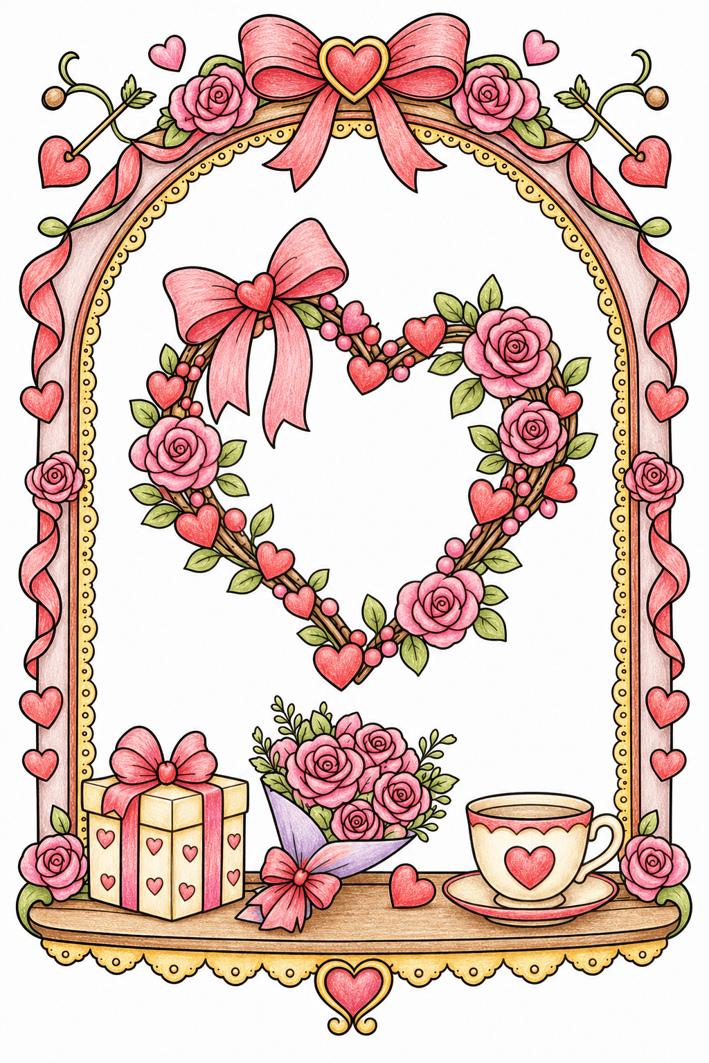 Floral Heart Wreath in a Decorative Arch colored-pencil colorized preview