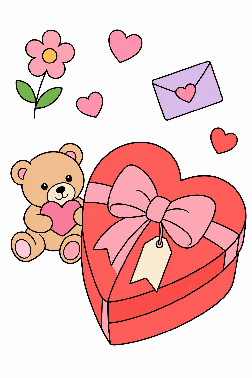 Teddy Bear with a Heart-Shaped Valentine Gift Box clean-digital colorized preview