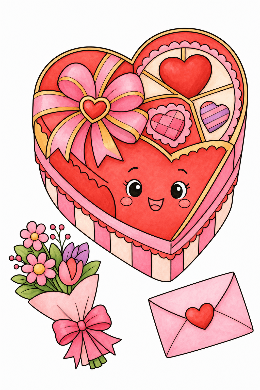 Smiling Heart Gift Box with Bouquet and Envelope storybook colorized preview