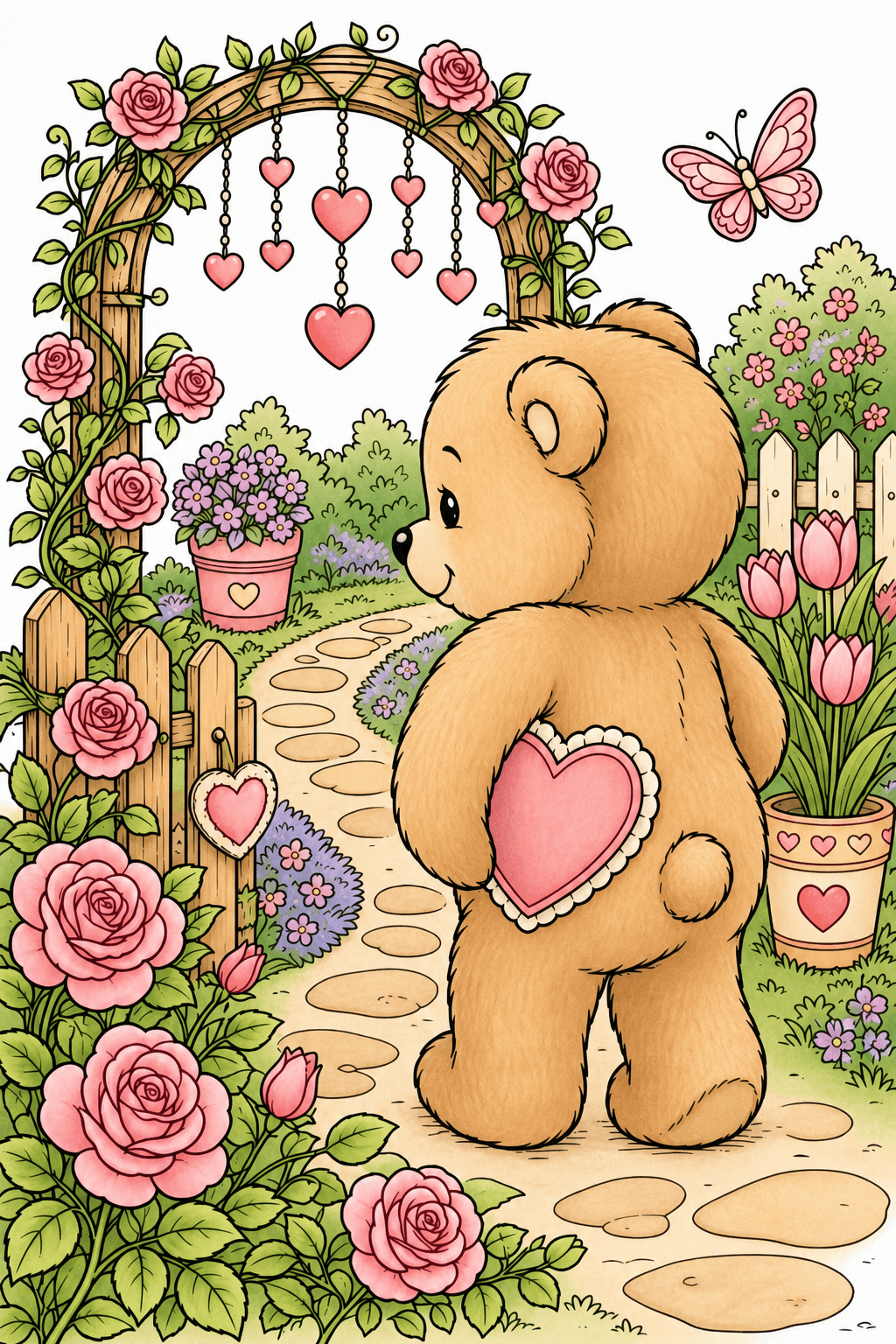Teddy Bear Walking Through a Heart Garden storybook colorized preview