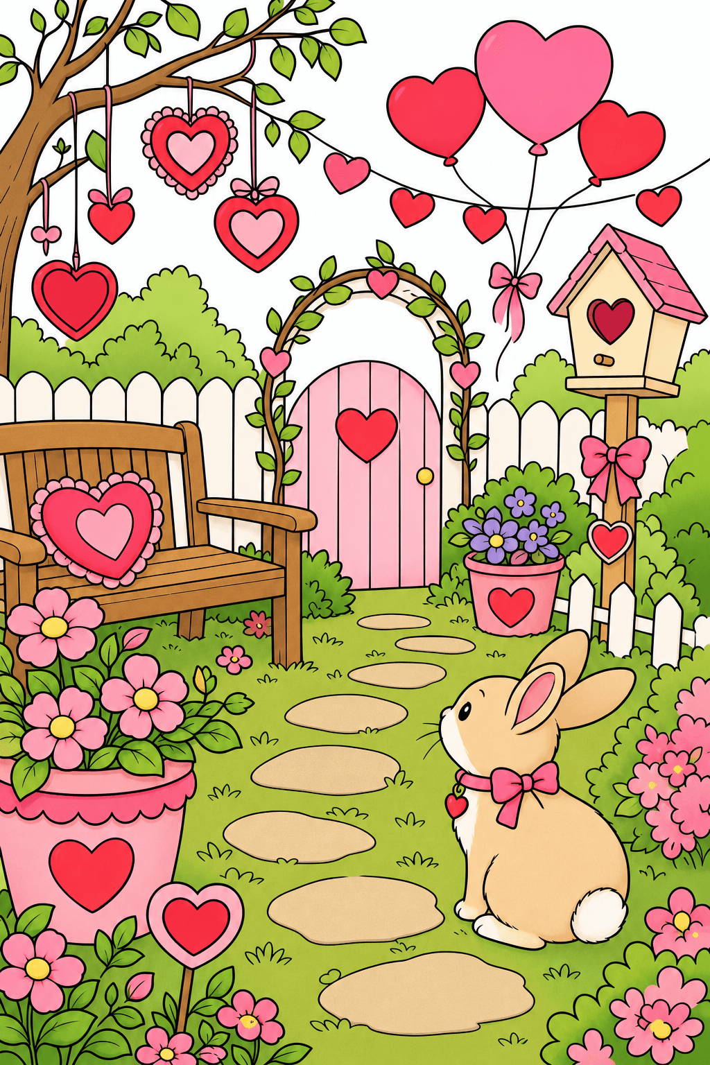 Bunny in a Heart-Decorated Valentine Garden clean-digital colorized preview