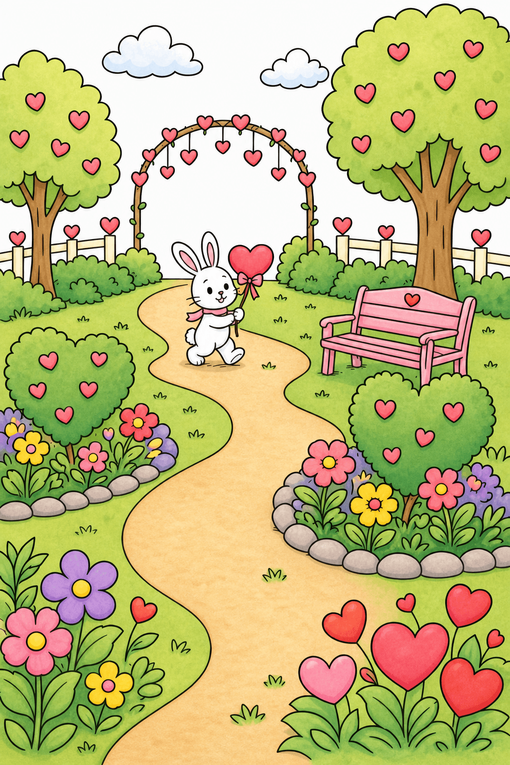 Bunny on a Heart-Decorated Garden Path storybook colorized preview