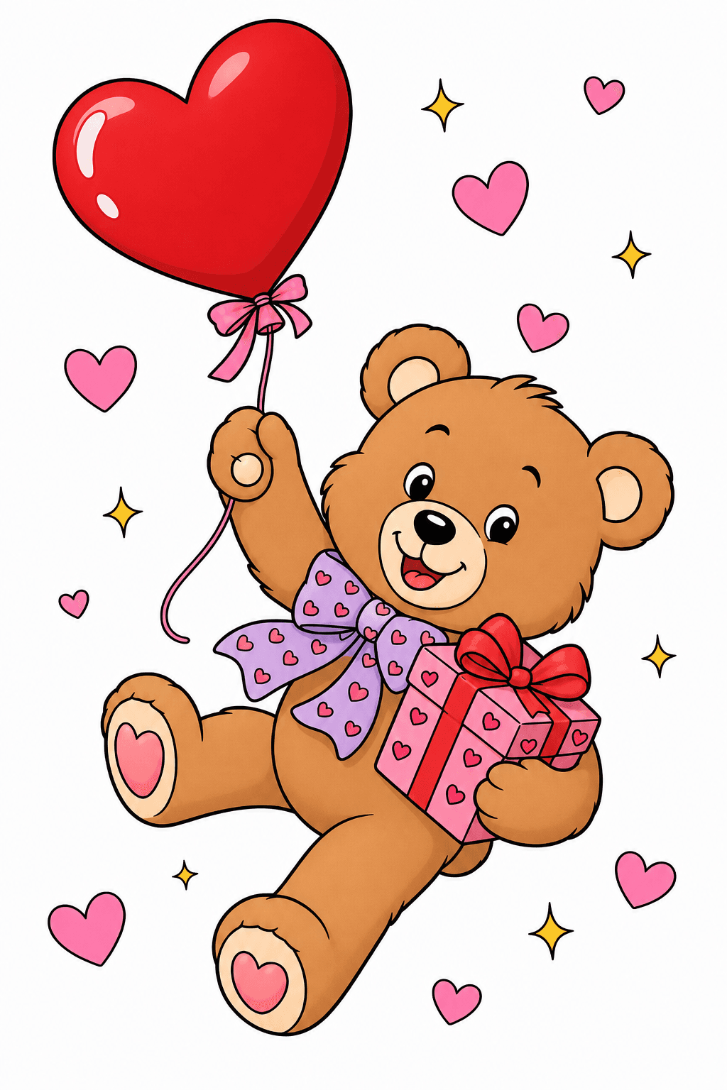 Teddy Bear with a Heart Balloon and Gift clean-digital colorized preview