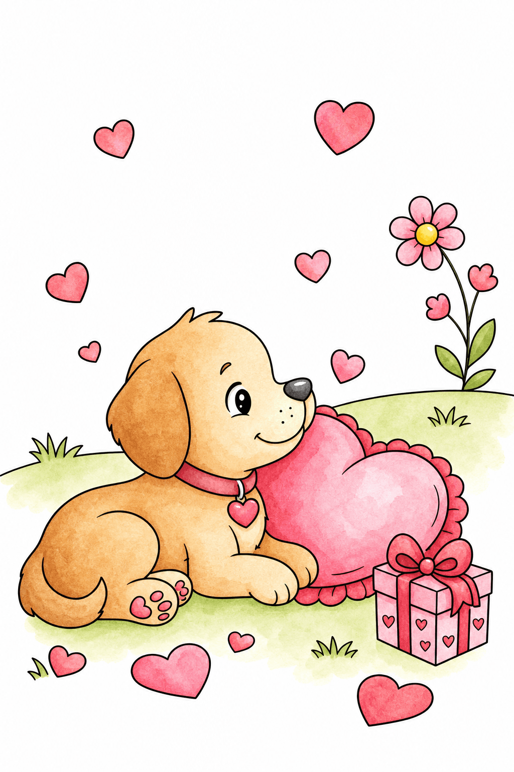 Puppy, Heart Cushion and Gift Coloring Page watercolor colorized preview
