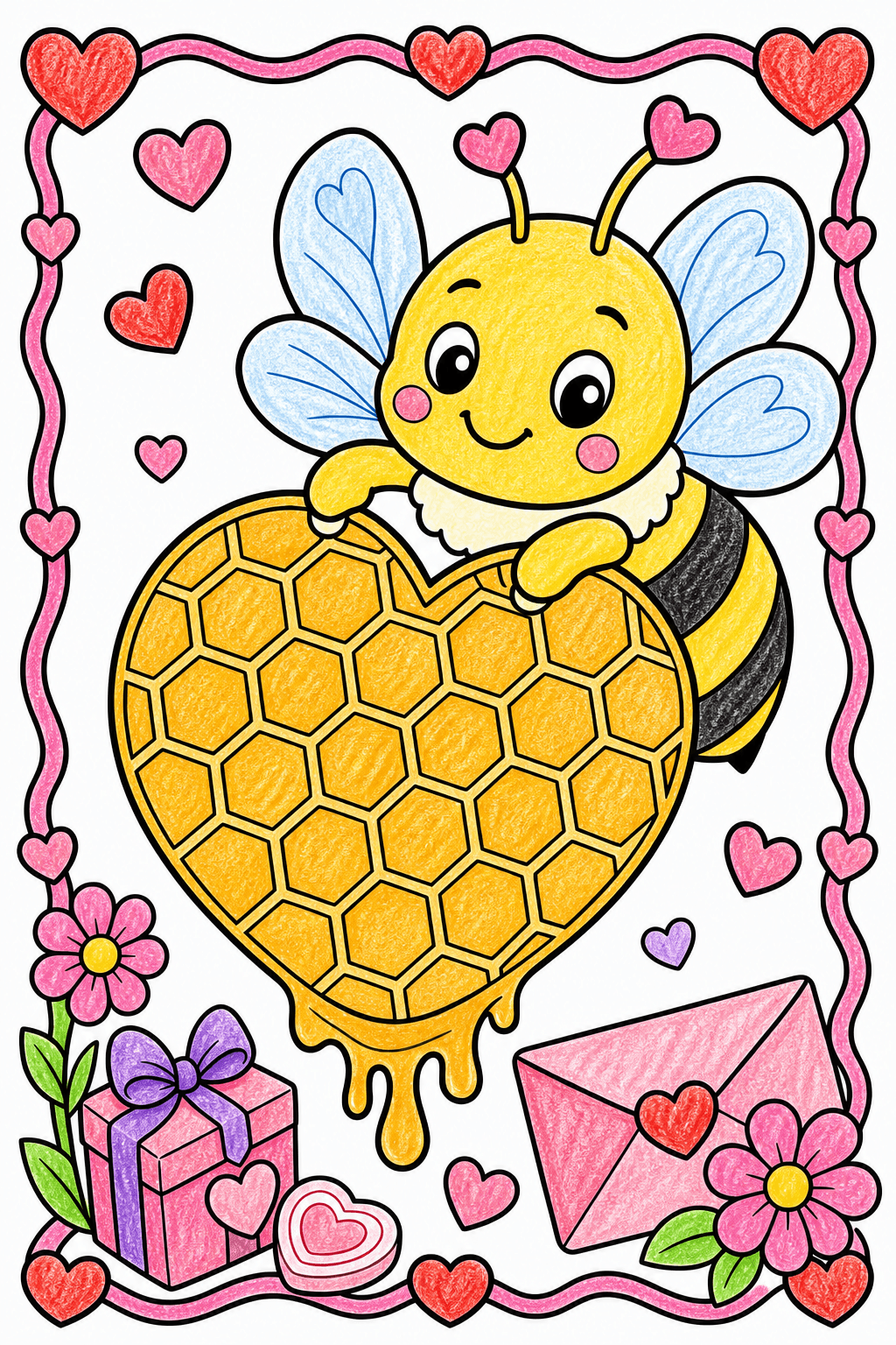 Valentine's Day Bee With Heart Honeycomb crayon colorized preview