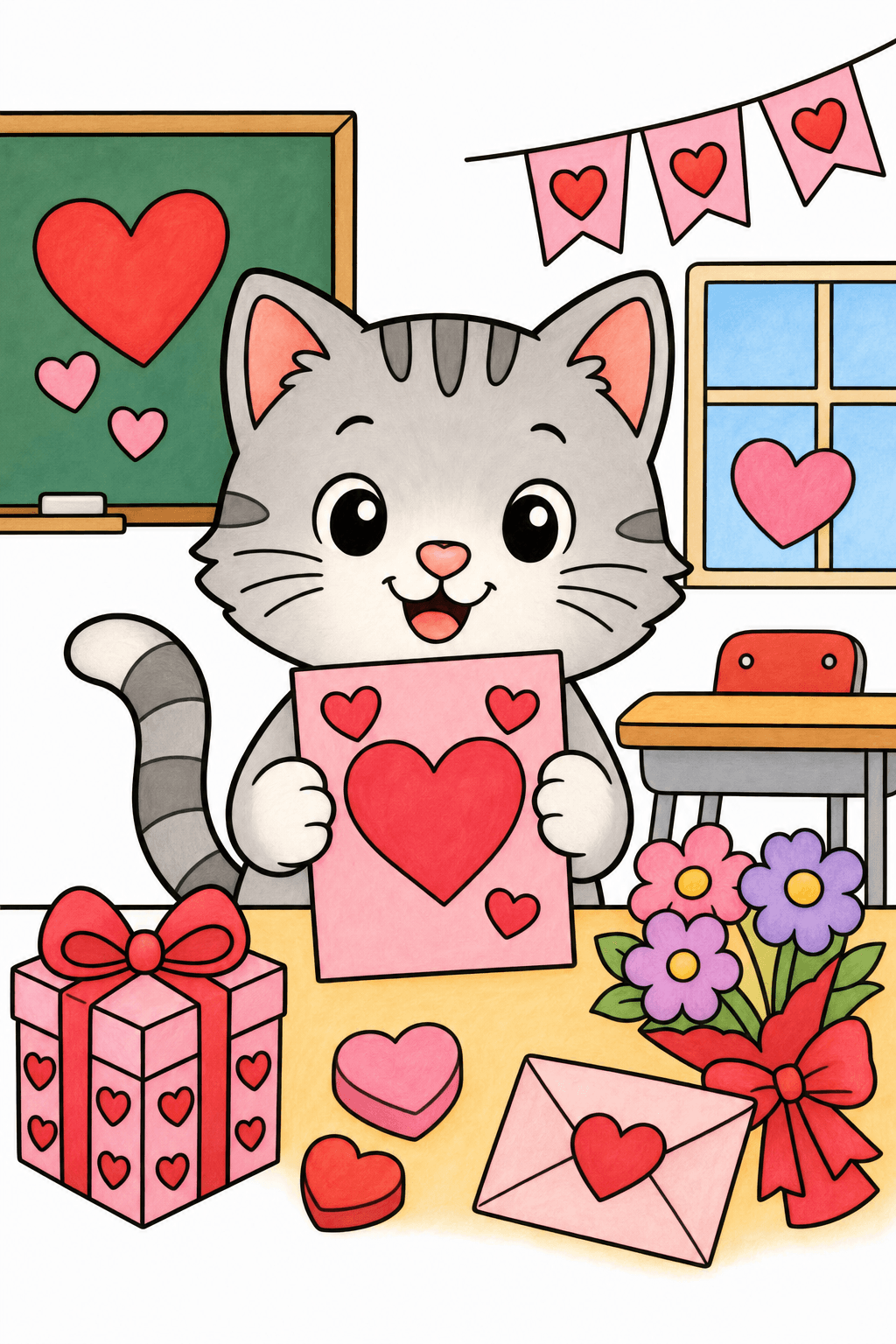 Valentine's Day Cat With Valentine Card storybook colorized preview