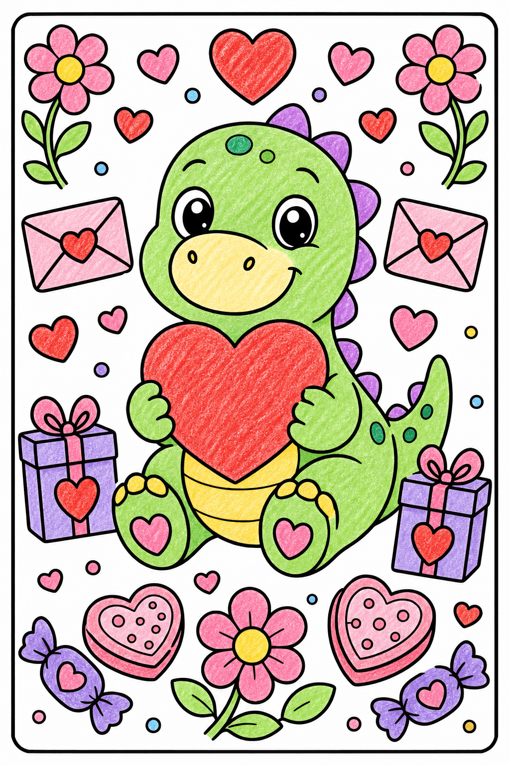 Valentine's Day Dinosaur Holding Heart crayon colorized preview
