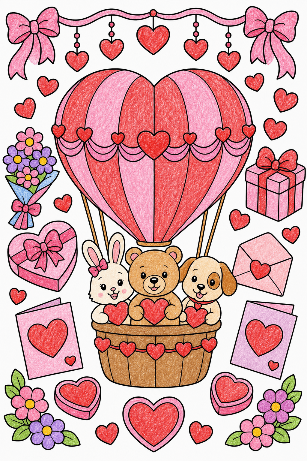 Valentine's Day Heart Hot Air Balloon crayon colorized preview