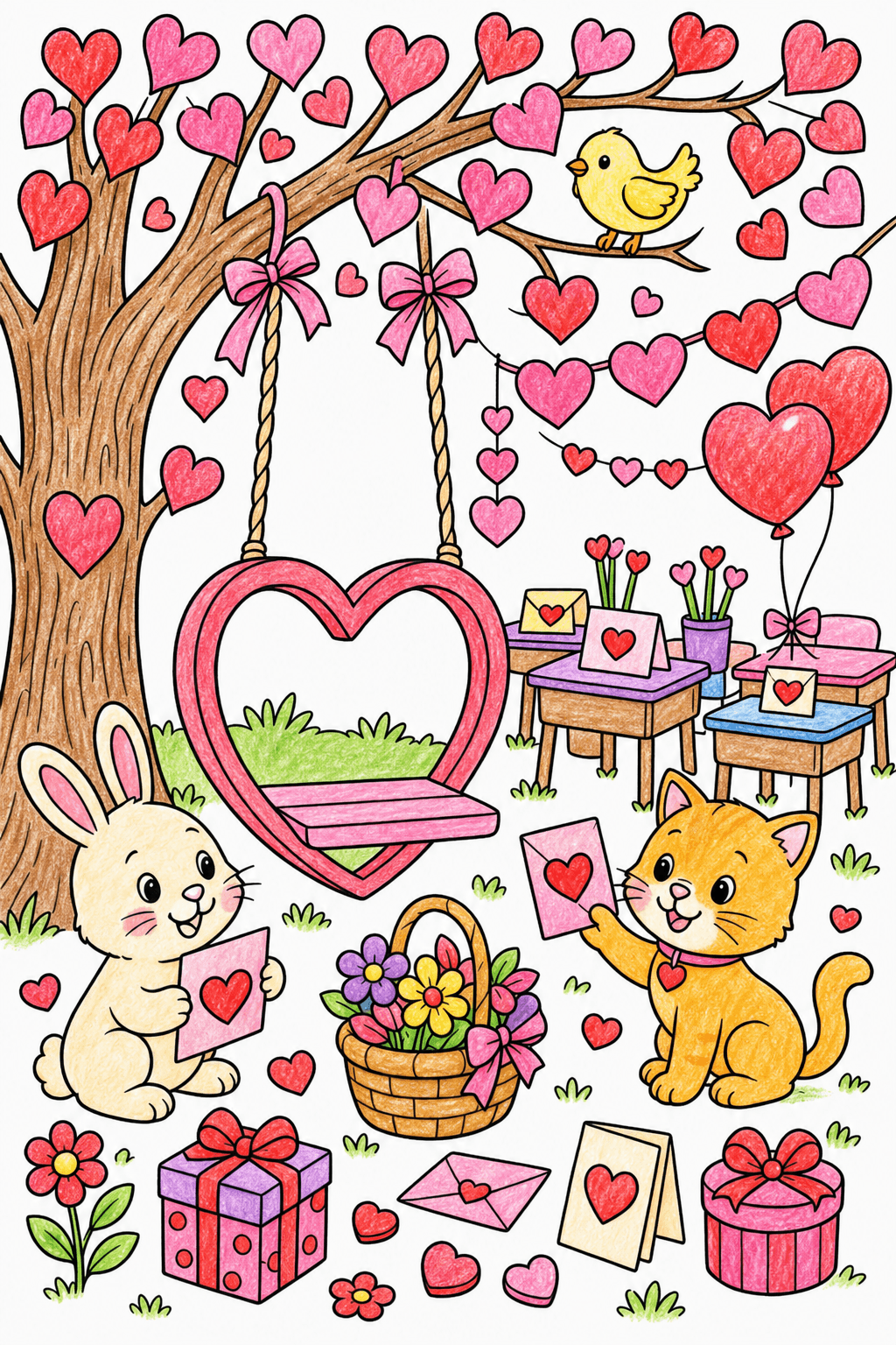 Valentine's Day Heart Shaped Tree Swing crayon colorized preview