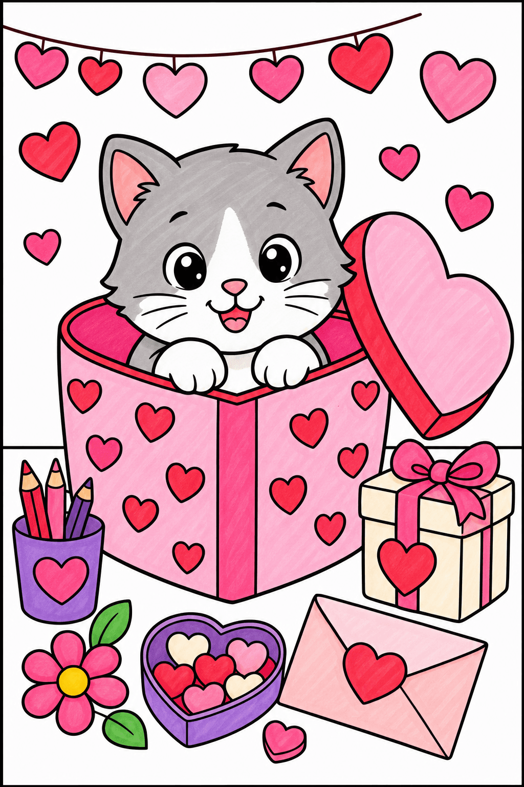 Valentine's Day Kitten In Heart Box marker colorized preview
