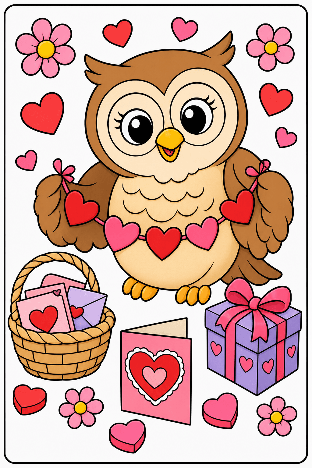 Valentine's Day Owl With Heart Garland clean-digital colorized preview