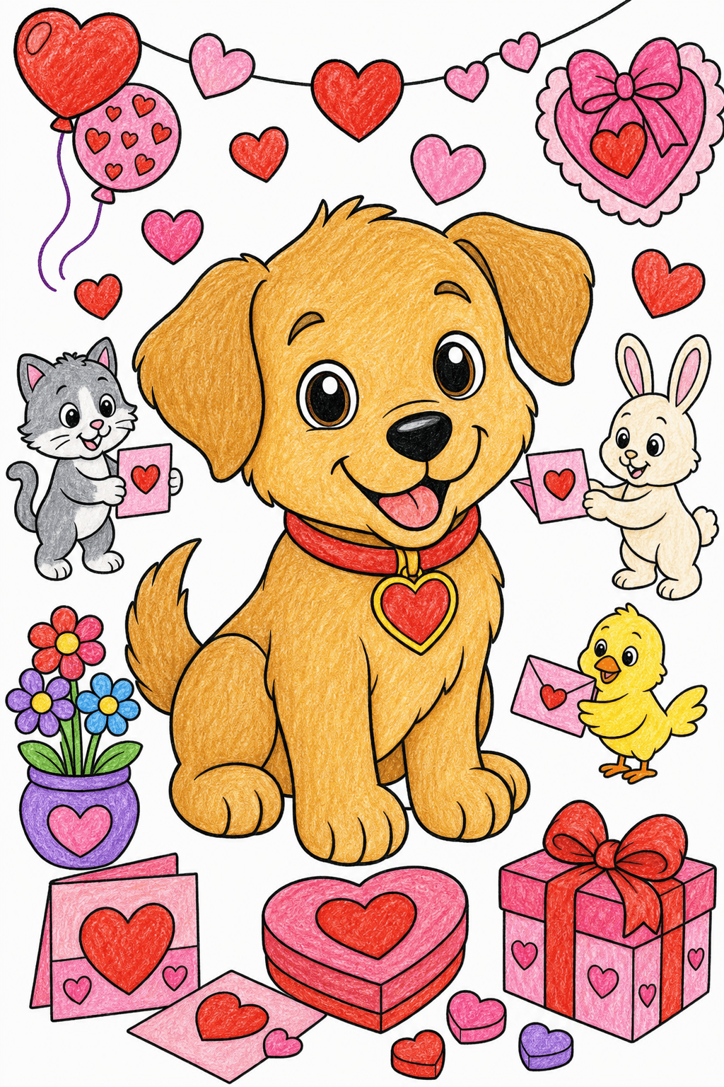 Valentine's Day Puppy With Heart Collar crayon colorized preview
