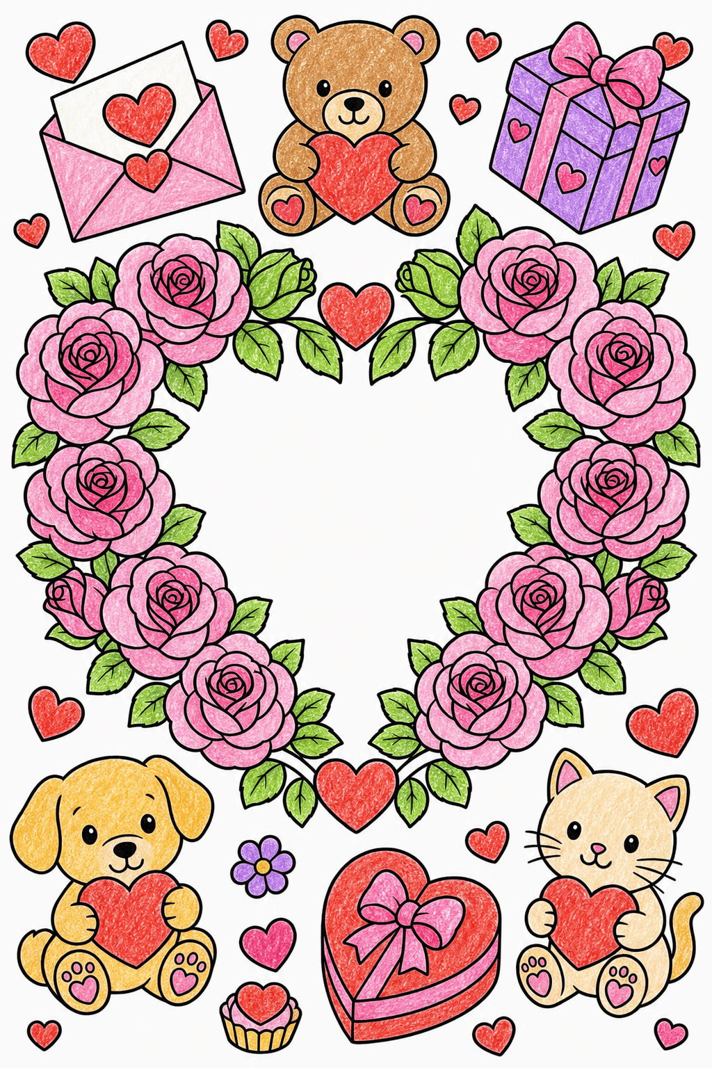 Valentine's Day Rose Heart Wreath crayon colorized preview