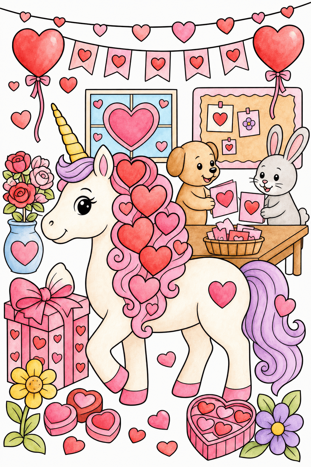Valentine's Day Unicorn With Heart Mane watercolor colorized preview