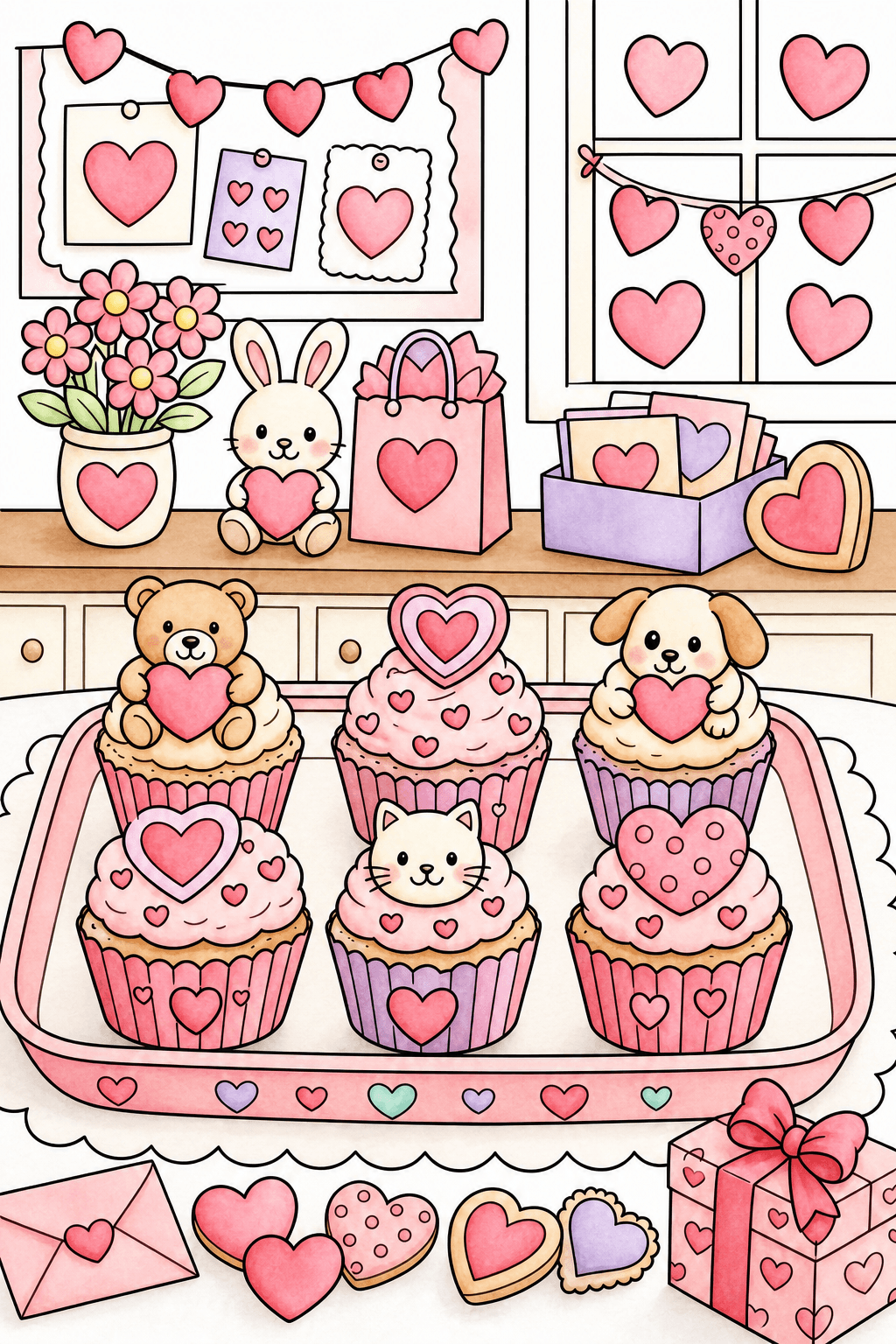 Valentine's Day Valentine Cupcake Tray watercolor colorized preview
