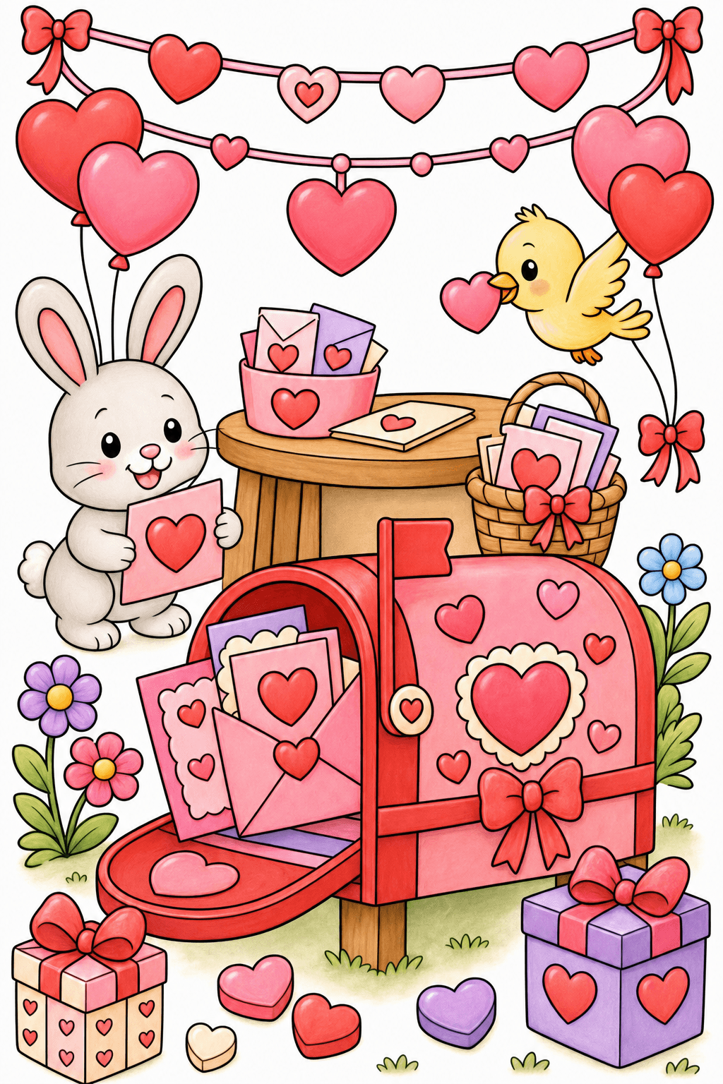 Valentine's Day Valentine Mailbox With Cards storybook colorized preview