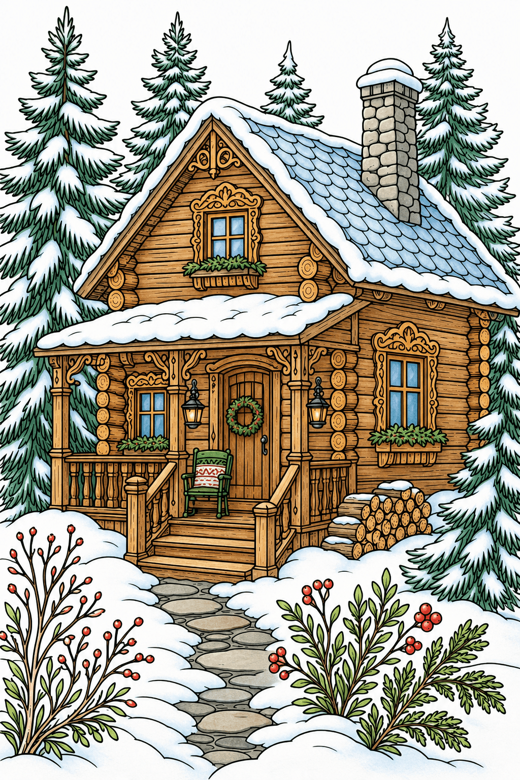 Adult Winter Cozy Cabin storybook colorized preview