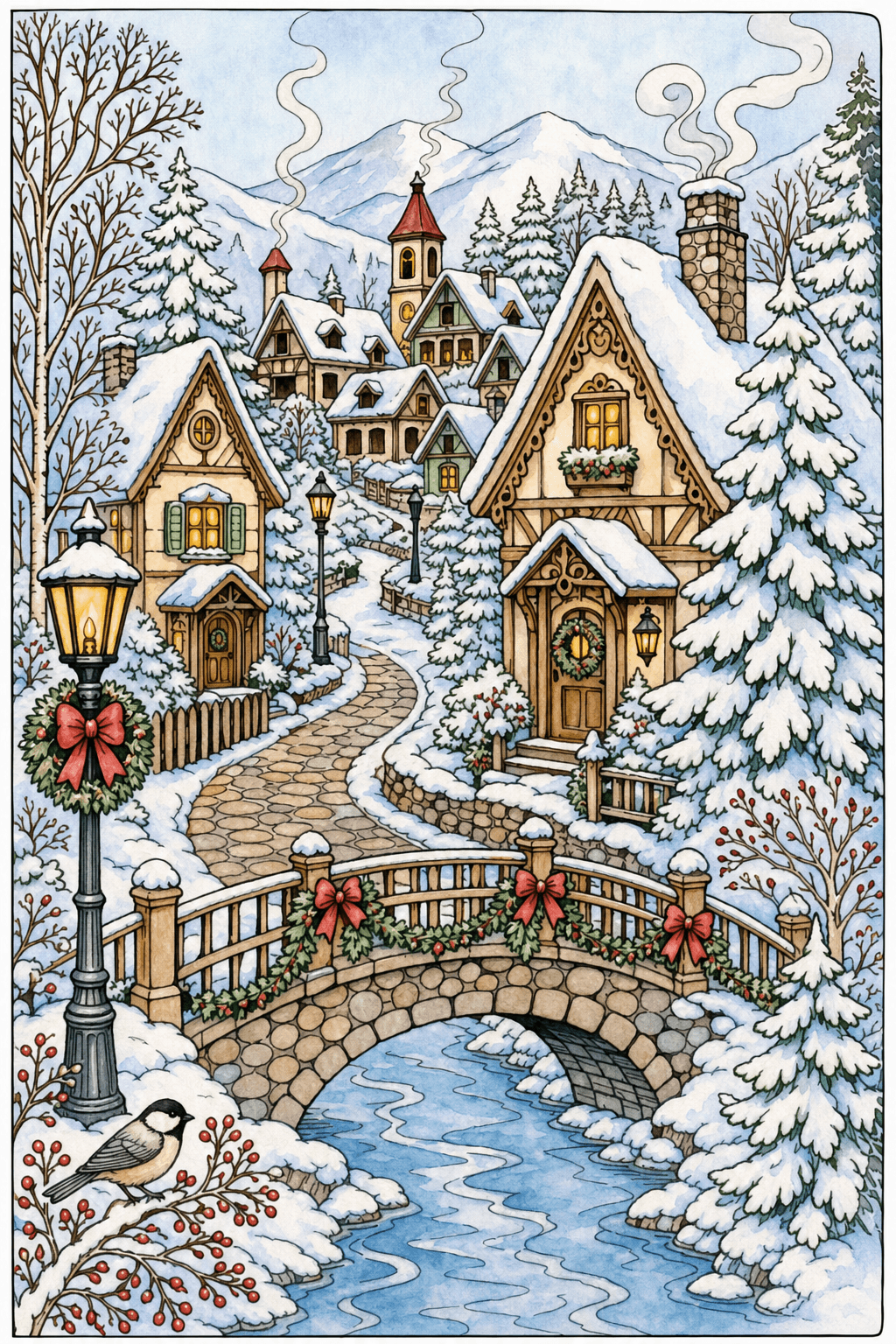 Adult Winter Detailed Snowy Village watercolor colorized preview