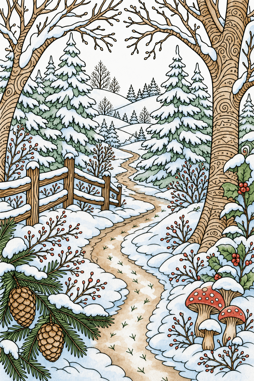 Adult Winter Forest Path watercolor colorized preview