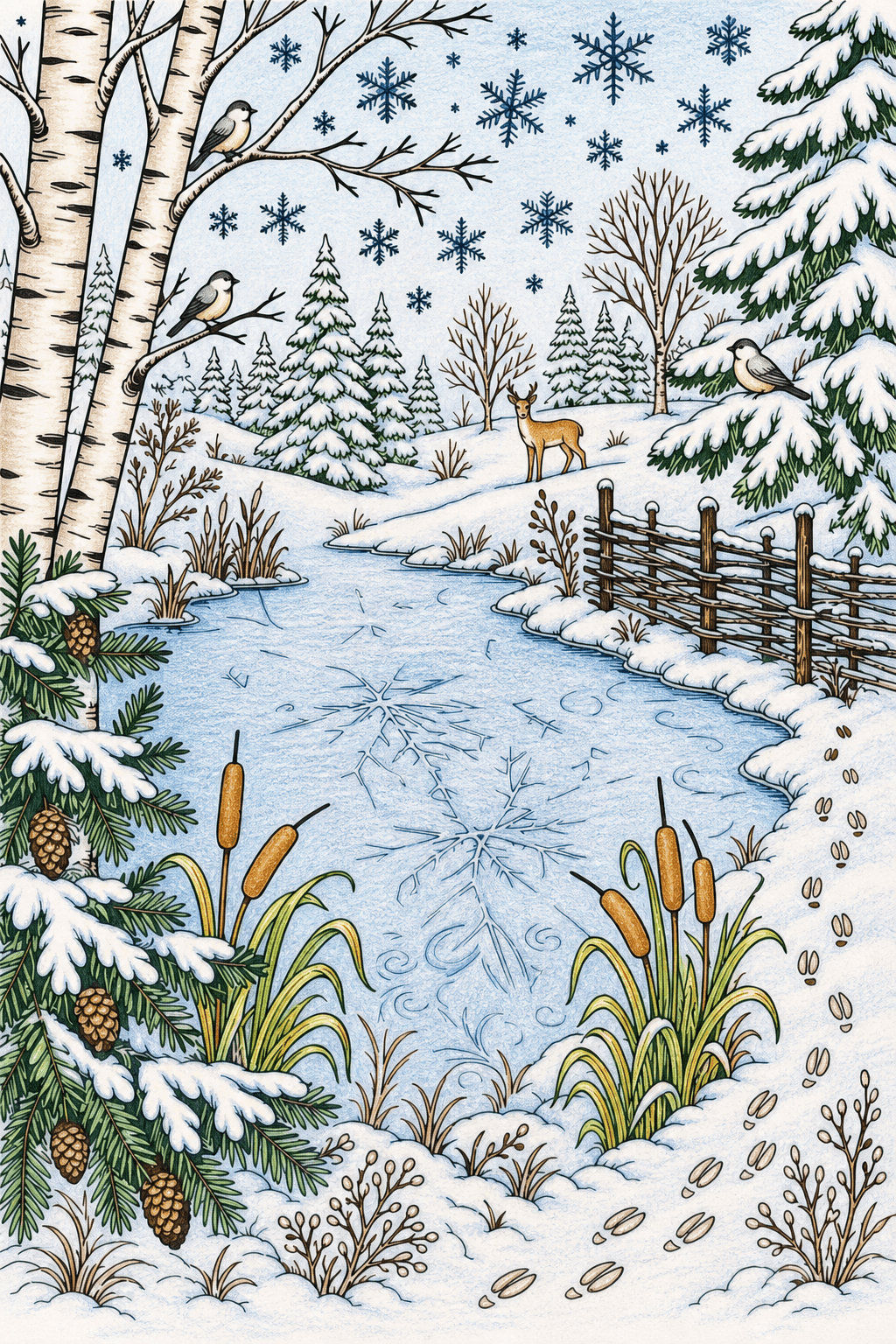 Adult Winter Frozen Pond colored-pencil colorized preview