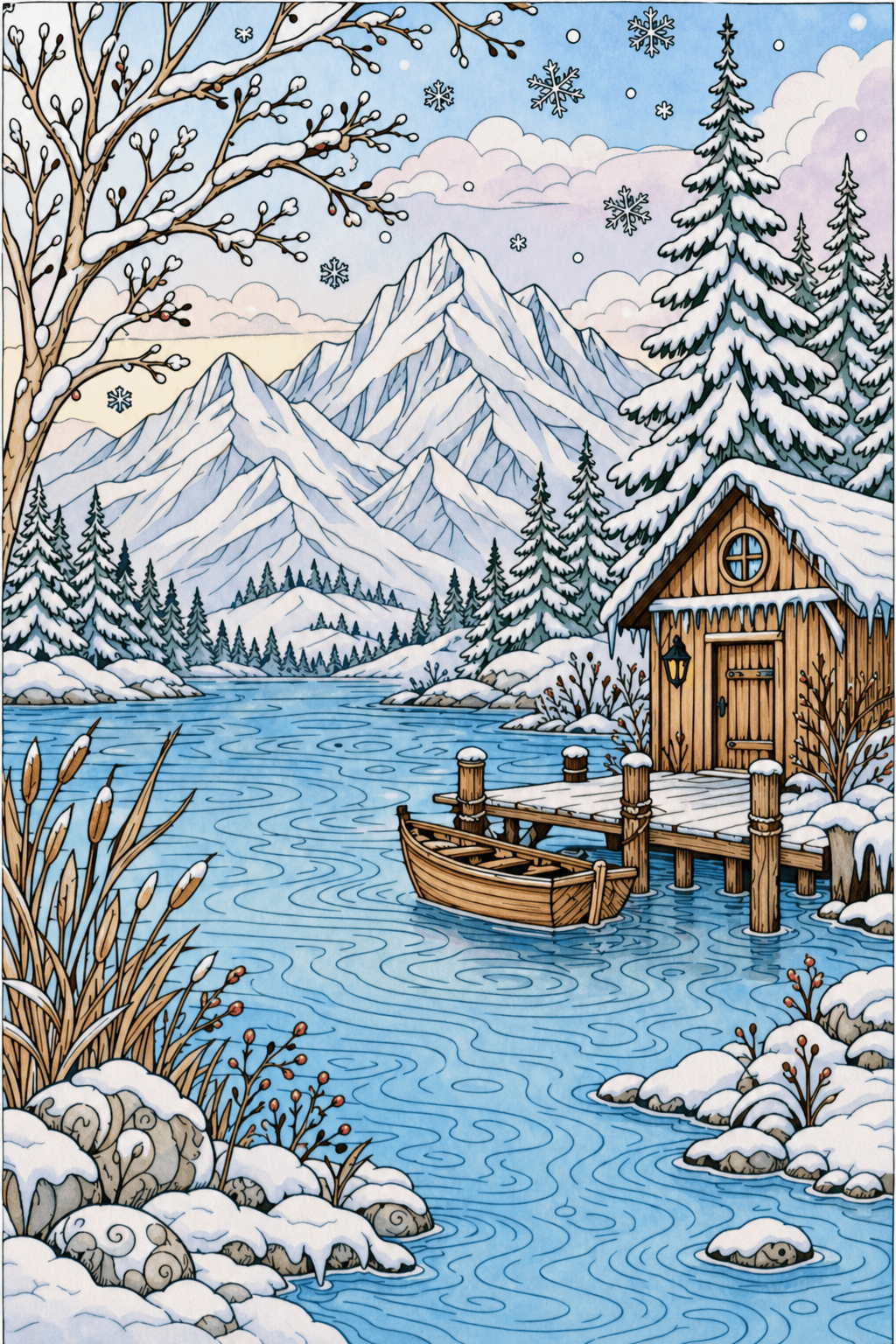 Adult Winter Mountain Lake storybook colorized preview