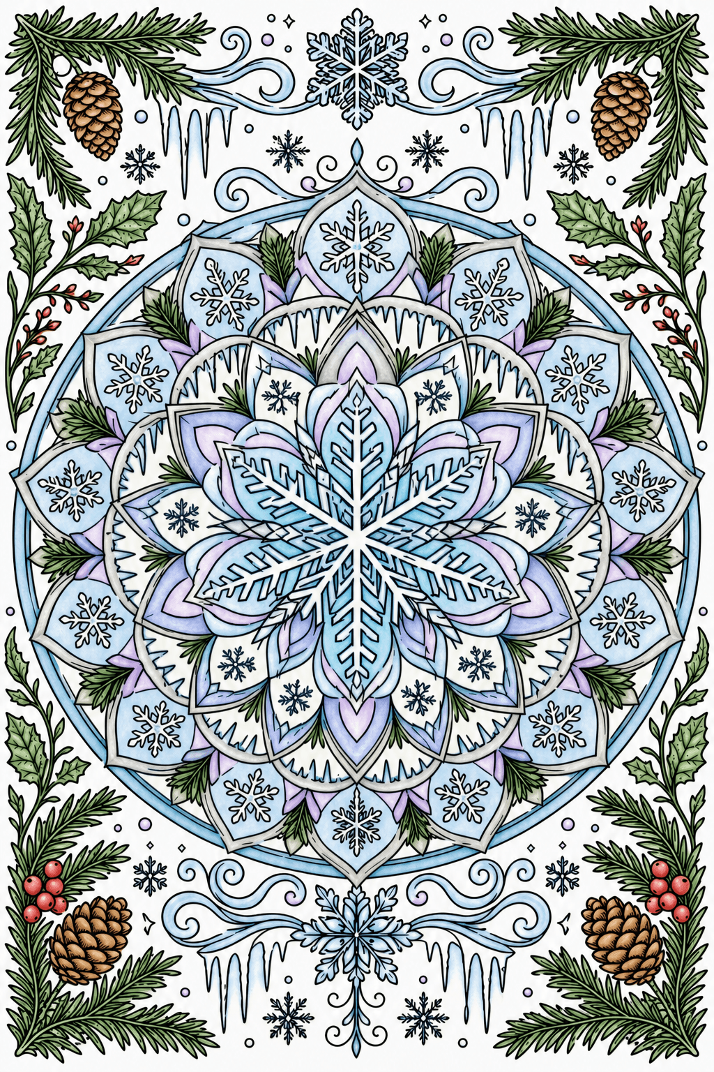 Detailed Winter Mandala with Snowflakes and Pine Cones storybook colorized preview