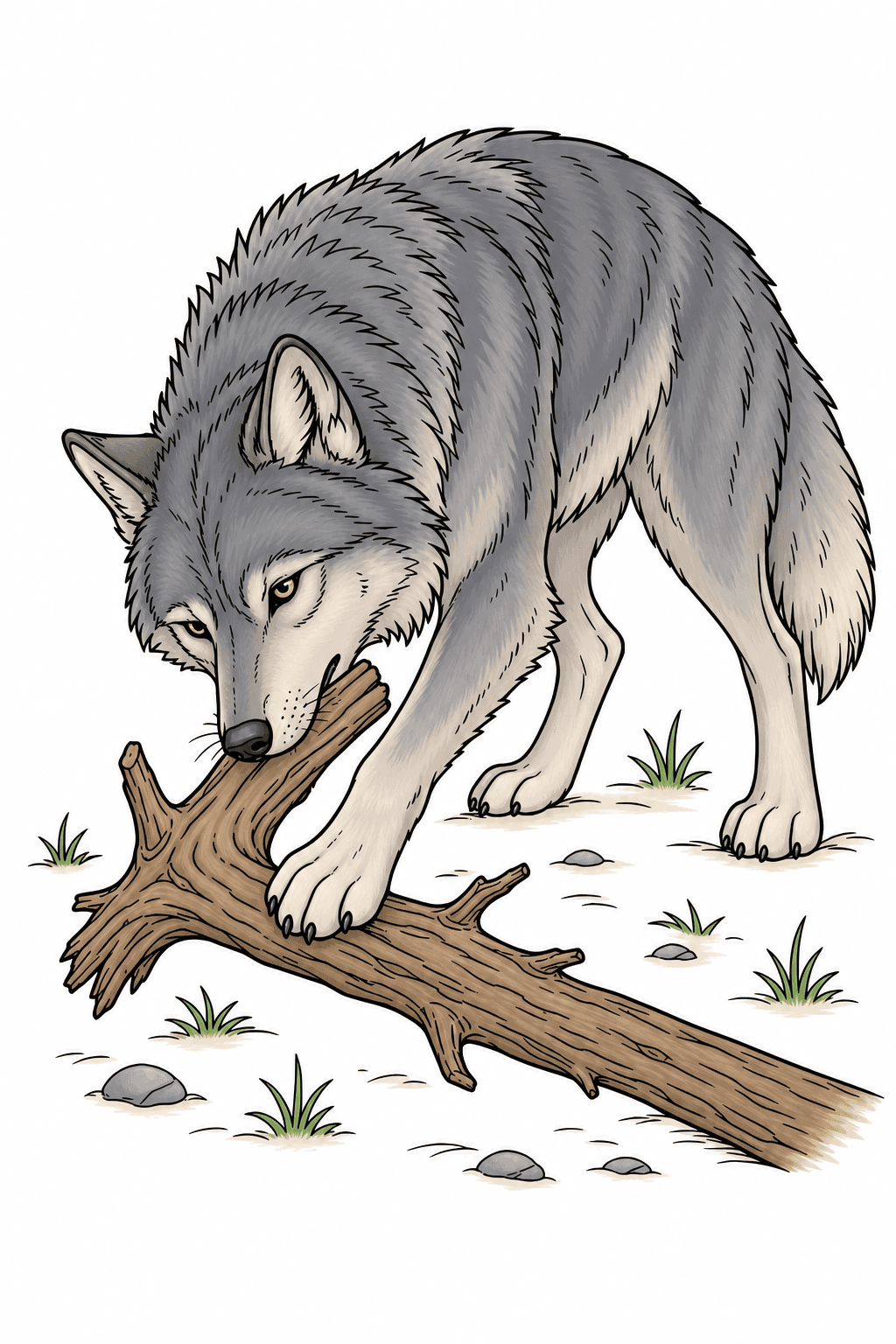Gray Wolf Investigating a Fallen Branch clean-digital colorized preview