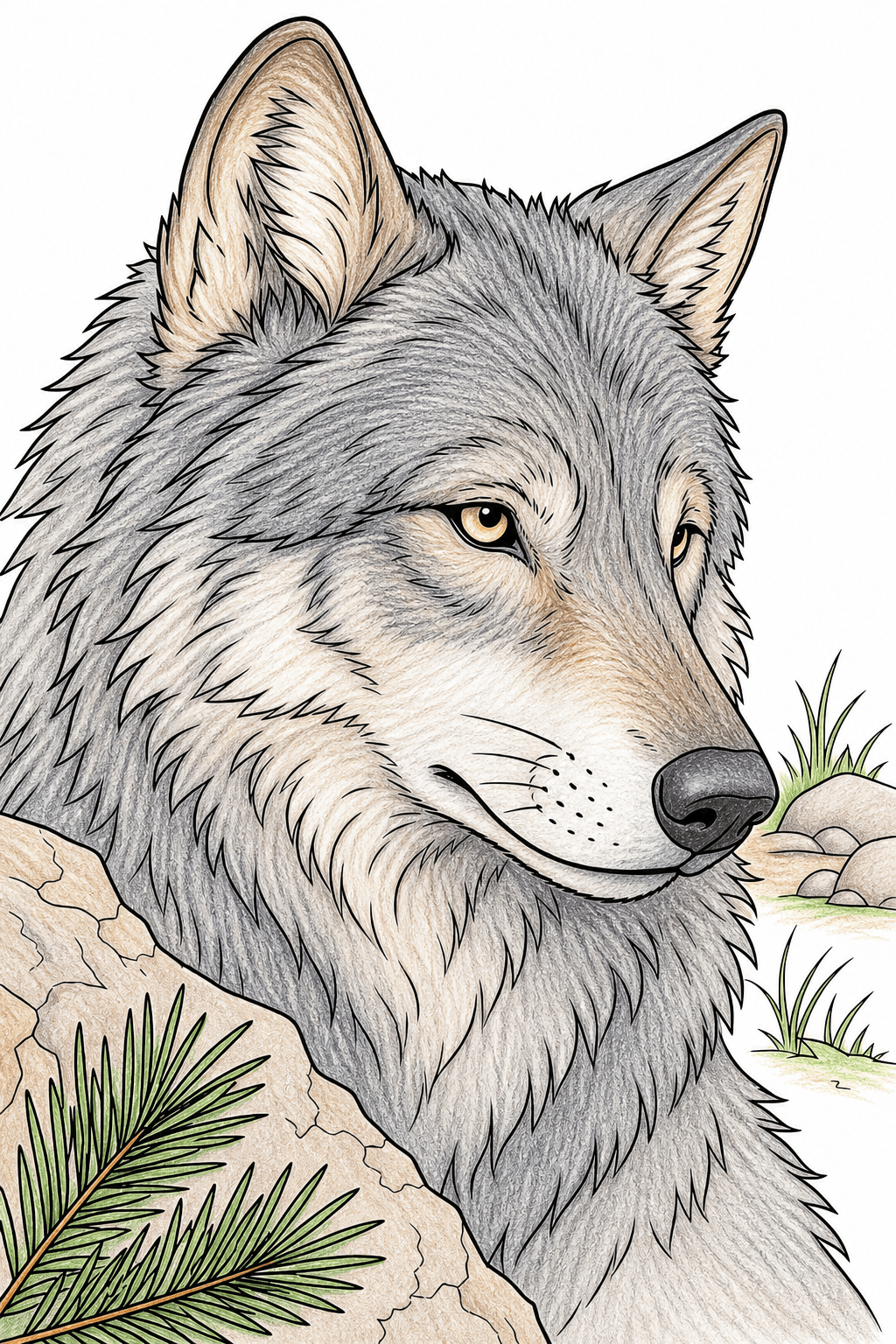 Close-Up Gray Wolf Portrait Coloring Page colored-pencil colorized preview
