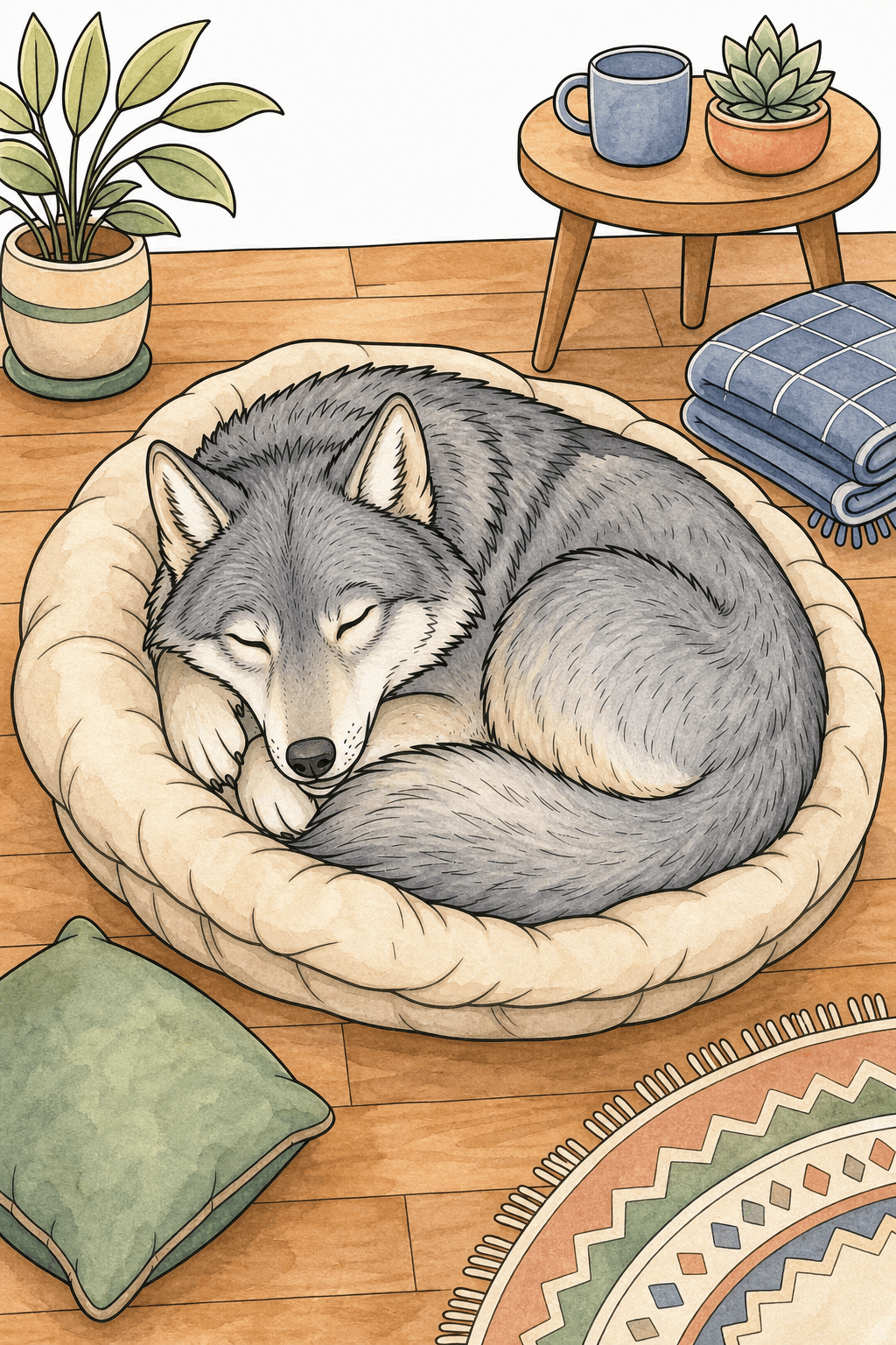 Sleeping Gray Wolf Curled Up in a Cushioned Bed watercolor colorized preview