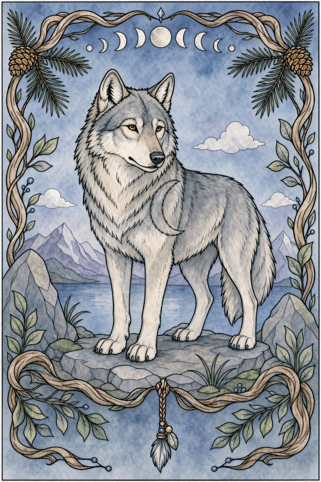 Gray Wolf Framed by Moon Phases and Woodland Plants watercolor colorized preview