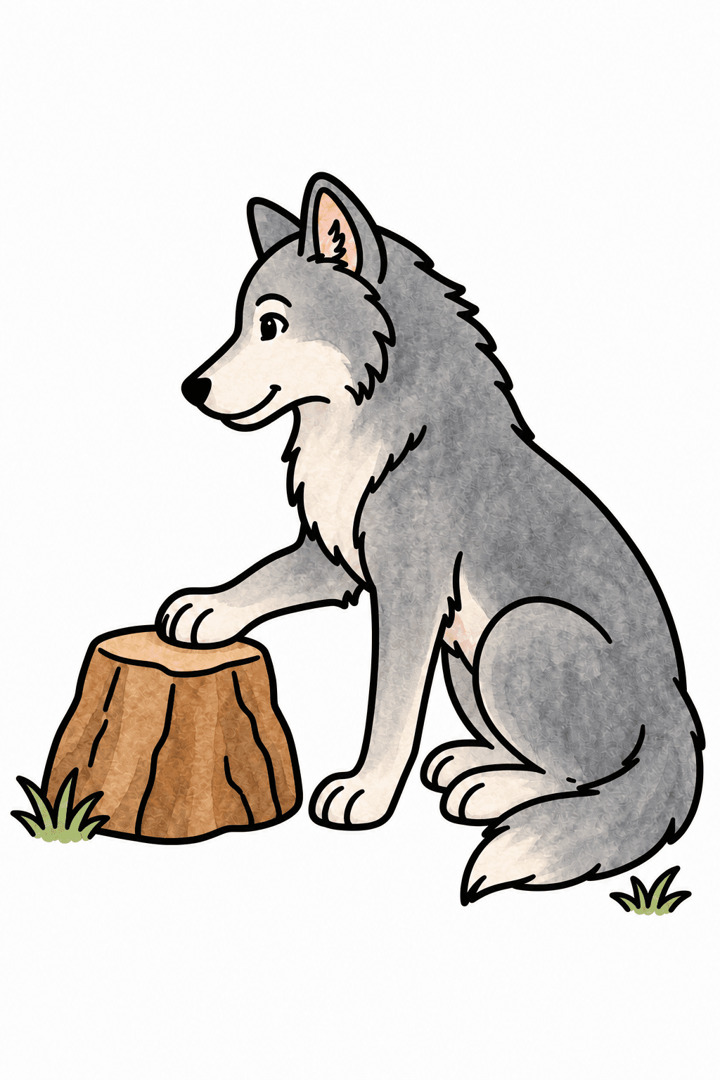 Seated Gray Wolf Resting a Paw on a Tree Stump watercolor colorized preview
