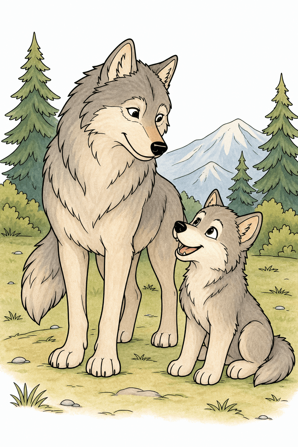 Gray Wolf Family in a Mountain Forest Coloring Page storybook colorized preview