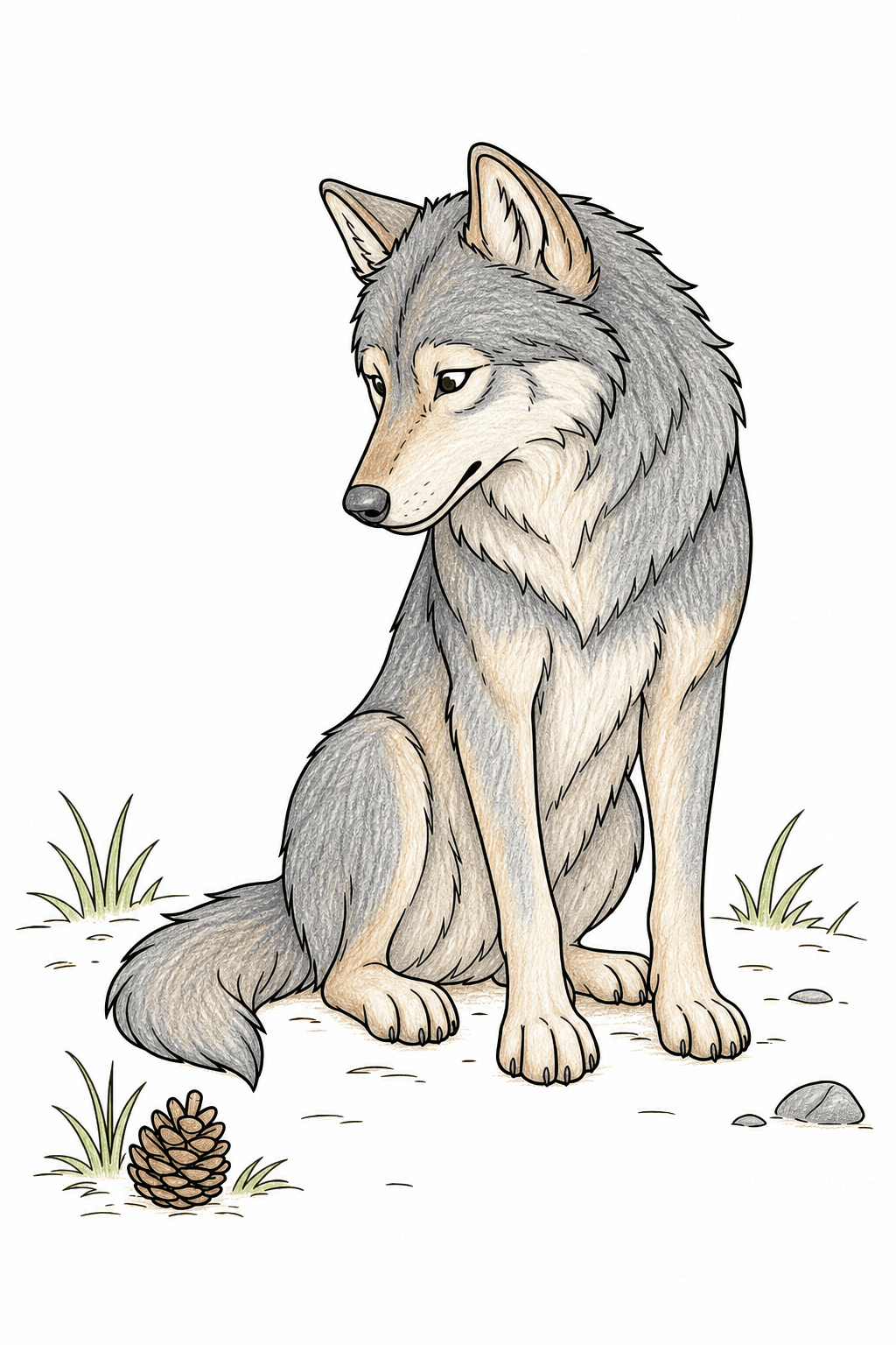 Seated Gray Wolf with Pine Cone colored-pencil colorized preview