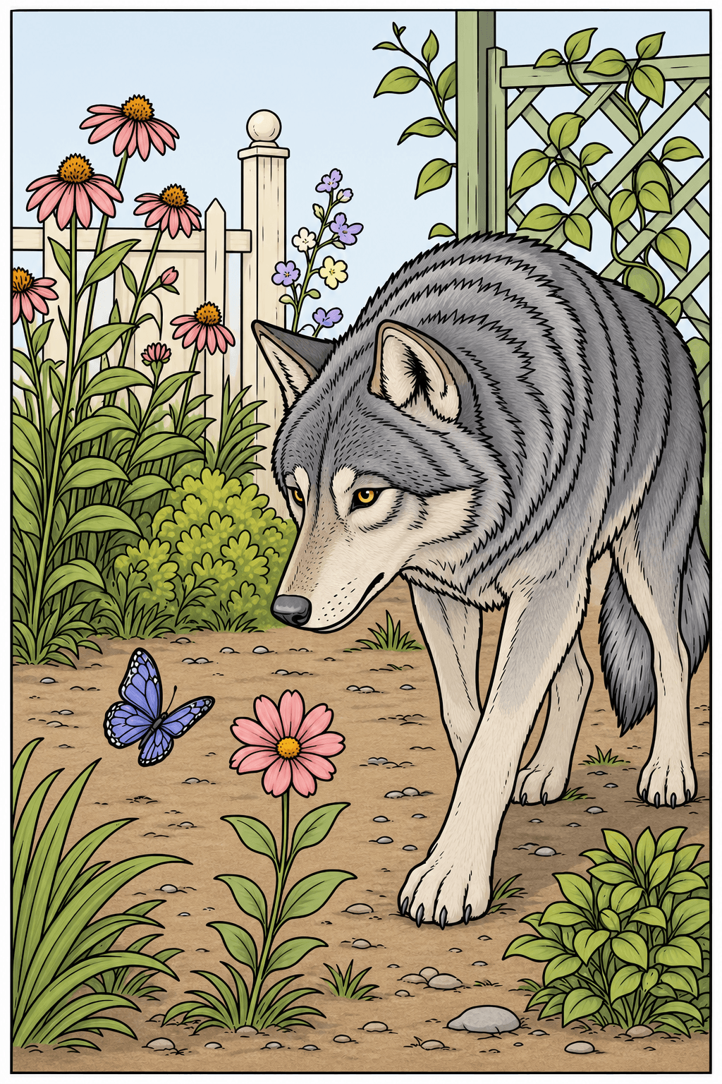 Gray Wolf Watching a Butterfly in a Flower Garden clean-digital colorized preview