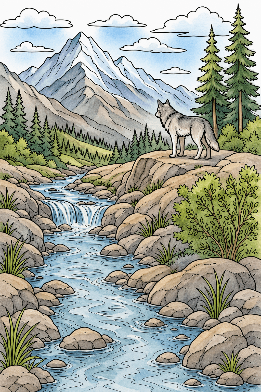 Gray Wolf in a Mountain River Habitat watercolor colorized preview