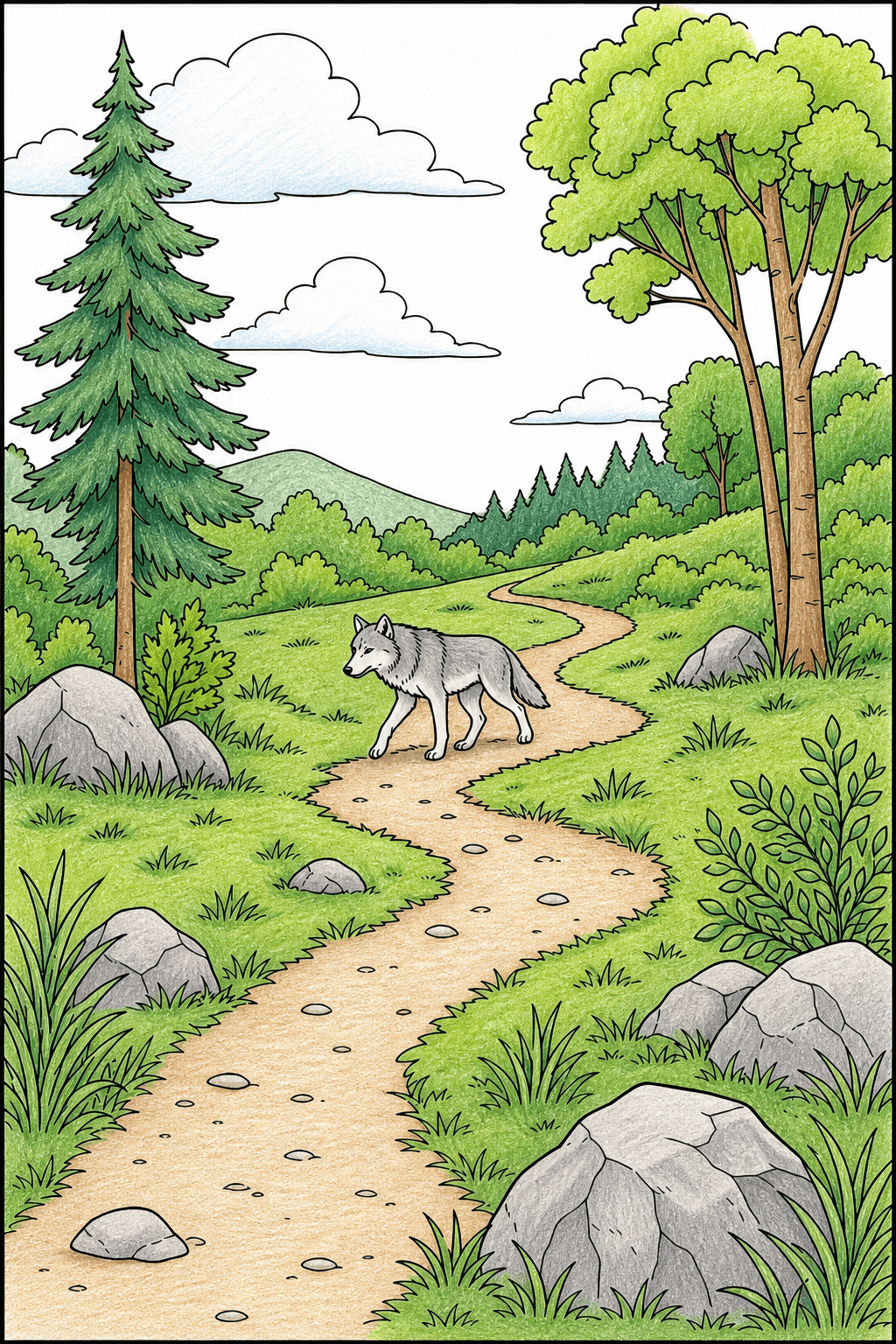 Gray Wolf Walking Along a Winding Forest Trail colored-pencil colorized preview