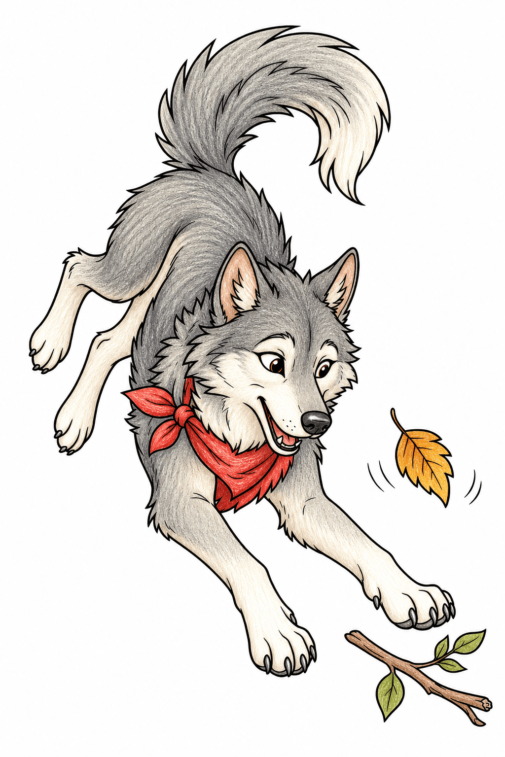Playful Gray Wolf Pouncing Toward a Drifting Leaf colored-pencil colorized preview
