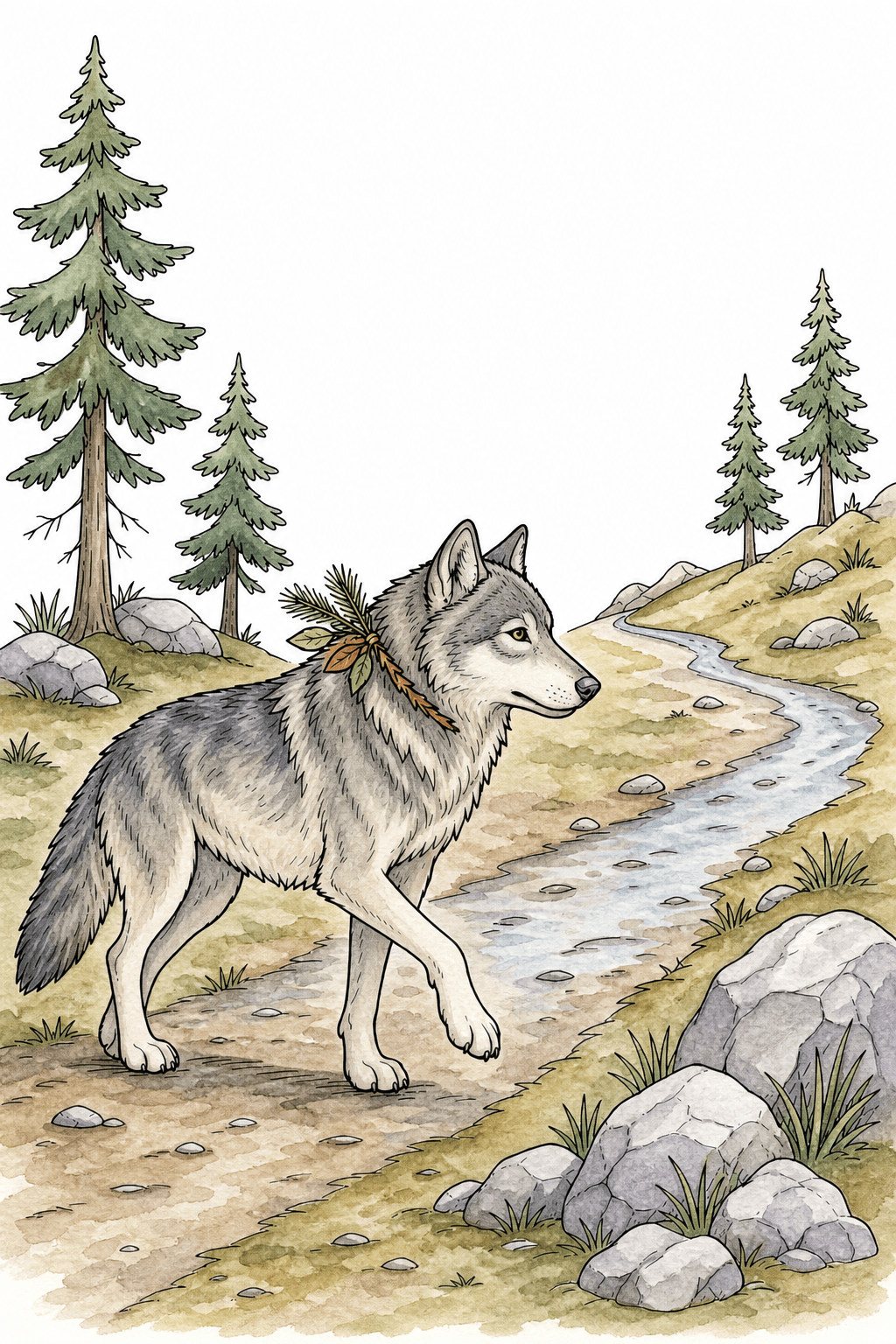 Gray Wolf Walking Along a Forest Path watercolor colorized preview