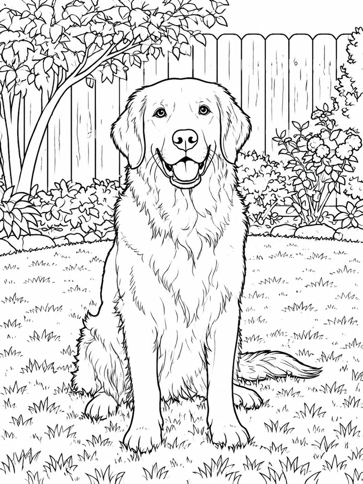 Golden retriever in the backyard coloring page result
