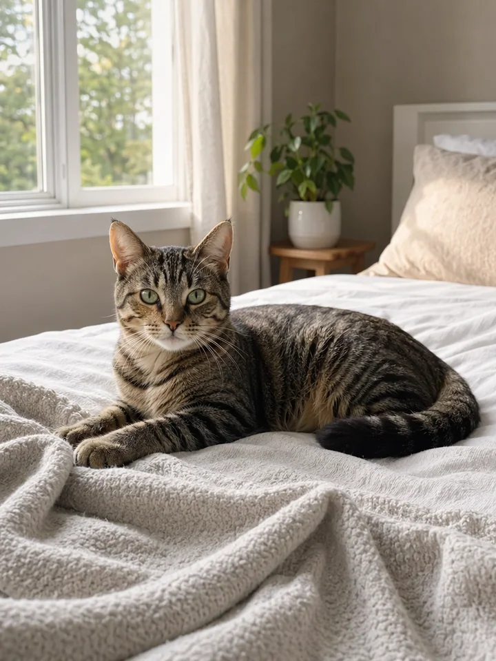 Cat on a bed source photo