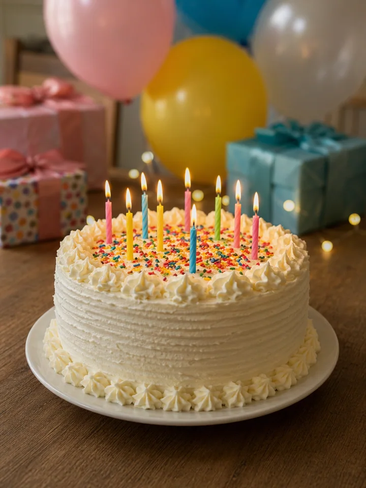 Birthday cake and balloons source photo